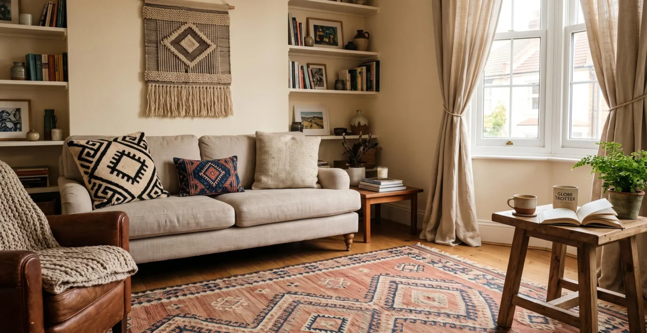 A balanced living room combining a kilim rug, layered cushions of different pattern scales and a woven wall hanging around a neutral linen sofa.