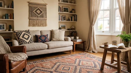 A balanced living room combining a kilim rug, layered cushions of different pattern scales and a woven wall hanging around a neutral linen sofa.