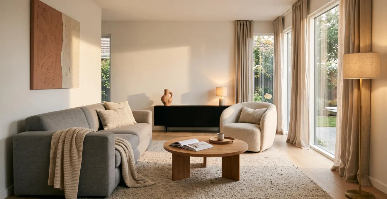 A clean-lined living room with a rectilinear sofa, round coffee table and warm layered lighting from low lamps.