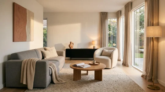 A clean-lined living room with a rectilinear sofa, round coffee table and warm layered lighting from low lamps.