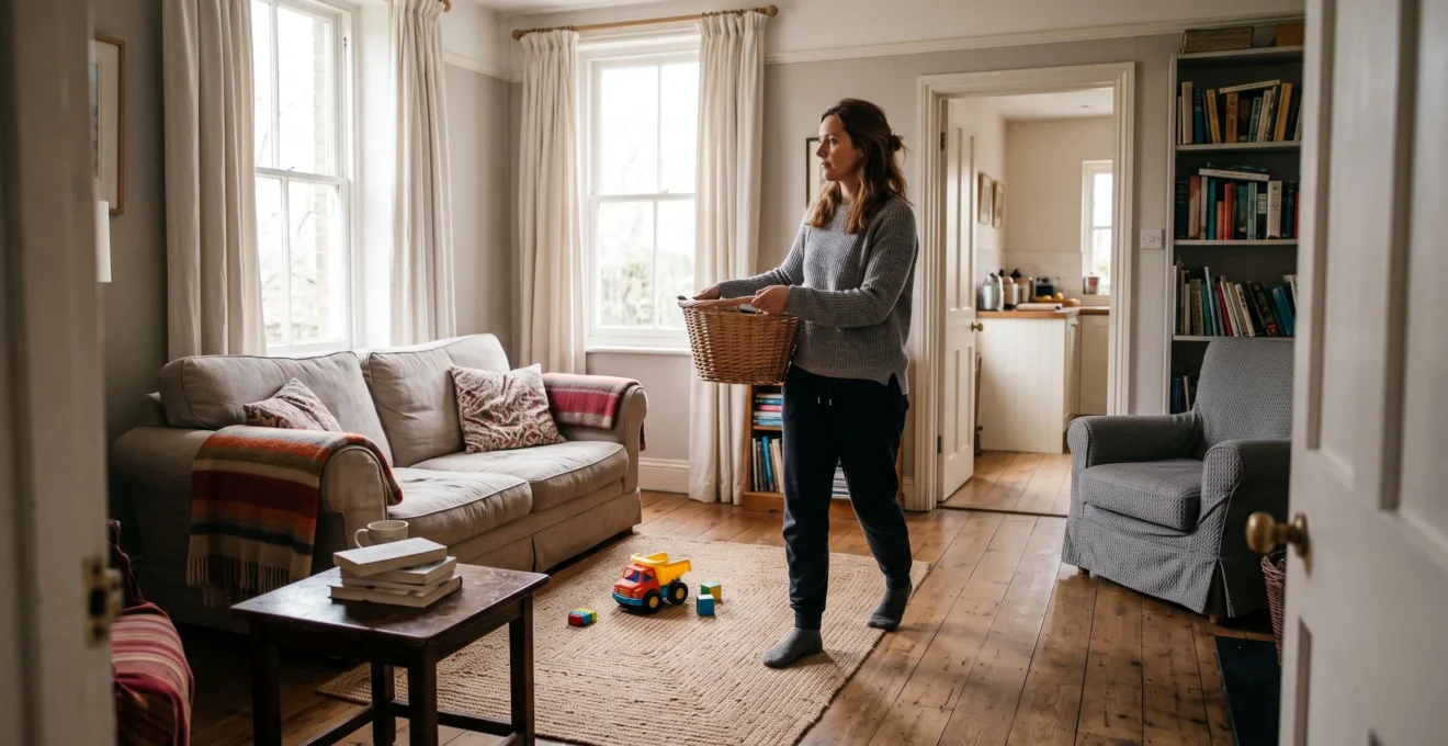 A woman walks through a wide clear path in a simply furnished living room with natural morning light.