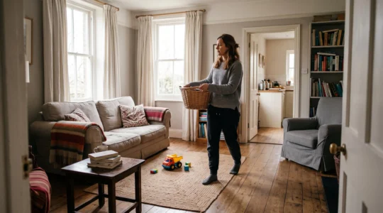 A woman walks through a wide clear path in a simply furnished living room with natural morning light.