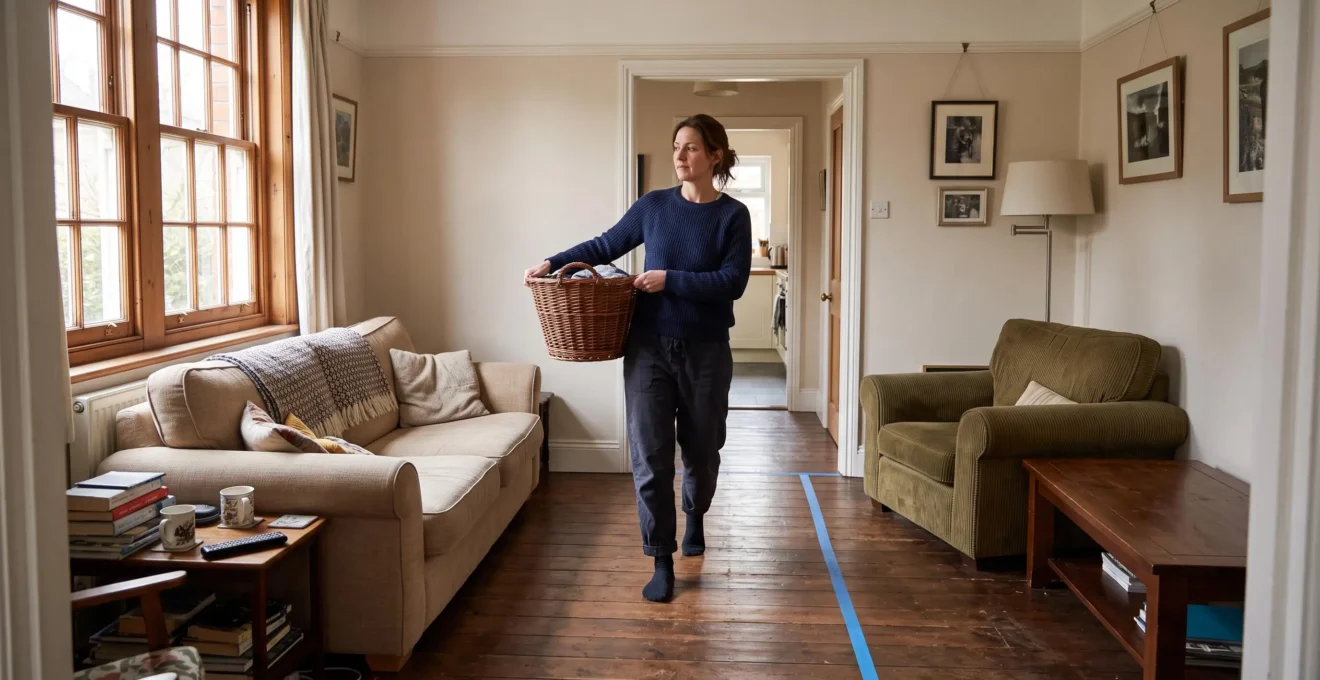 A woman carries a laundry basket along a clear walkway through a living room where furniture is arranged along the edges.