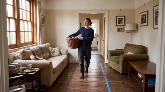 A woman carries a laundry basket along a clear walkway through a living room where furniture is arranged along the edges.