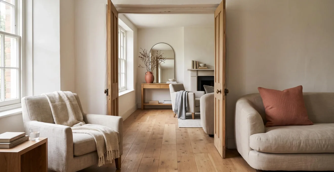 Two connected rooms sharing the same accent colour, curved furniture shapes and oak flooring, seen through an open doorway.