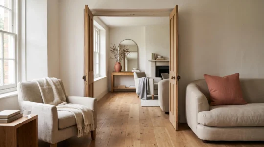 Two connected rooms sharing the same accent colour, curved furniture shapes and oak flooring, seen through an open doorway.