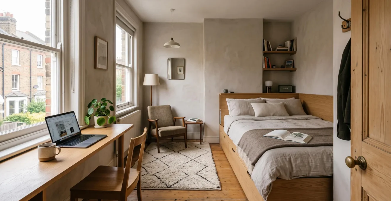A compact room planned with distinct zones for sleeping, working and sitting, connected by a clear walking path.