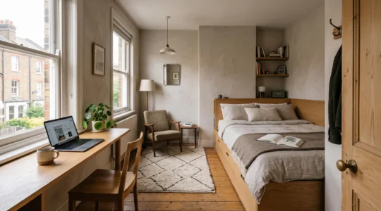 A compact room planned with distinct zones for sleeping, working and sitting, connected by a clear walking path.