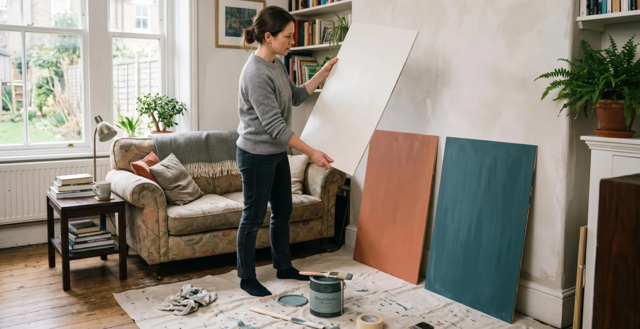 A woman holds a large painted board against a living room wall while comparing it with two other painted colour boards placed nearby.