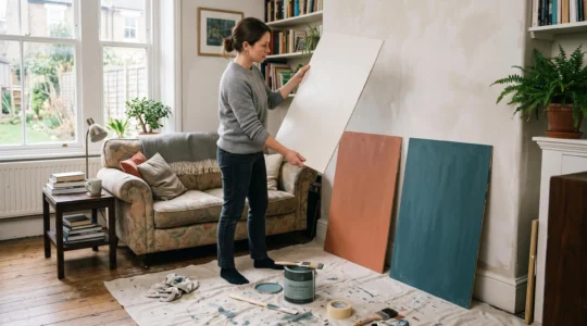 A woman holds a large painted board against a living room wall while comparing it with two other painted colour boards placed nearby.