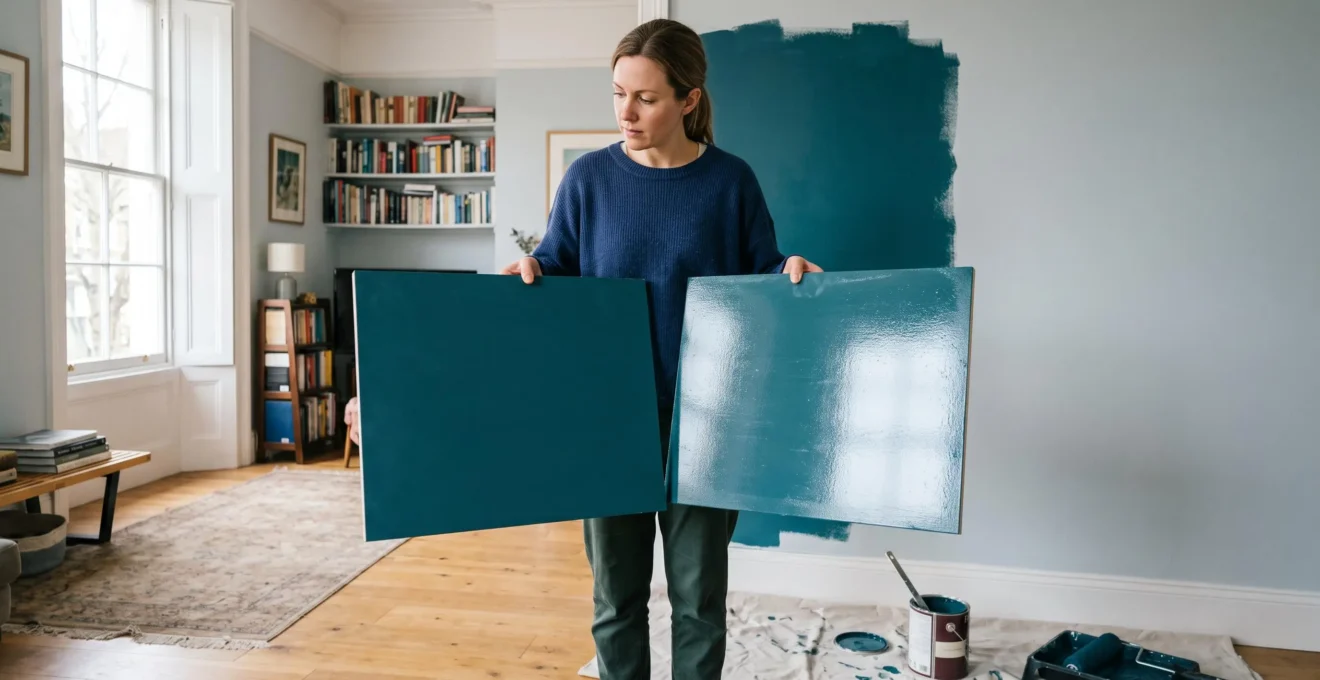 A person holds two sample boards of the same paint colour, one matte and one satin, against a half-painted wall near a window.