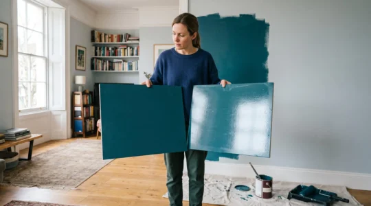A person holds two sample boards of the same paint colour, one matte and one satin, against a half-painted wall near a window.