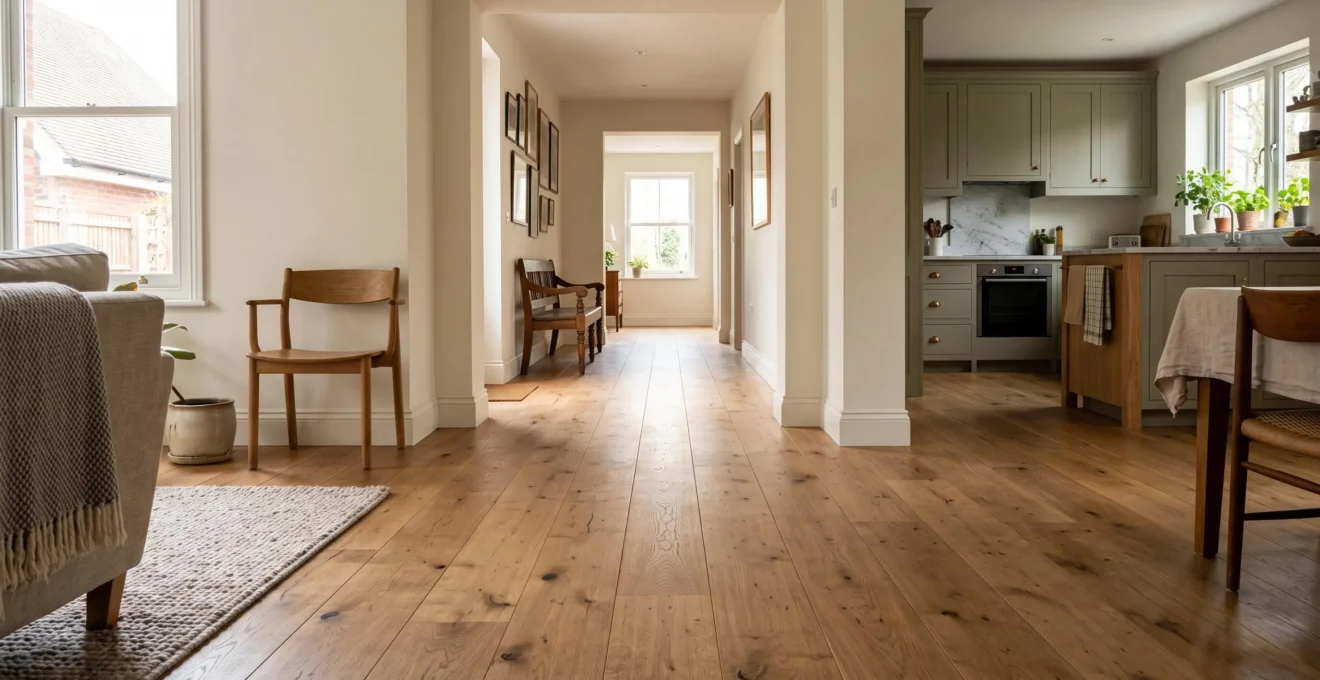 A continuous oak floor runs unbroken through open doorways, visually connecting the living area, hallway and kitchen into one extended space.
