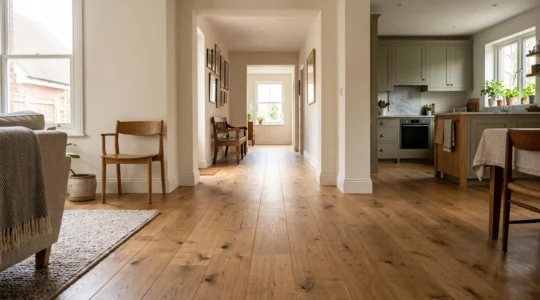 A continuous oak floor runs unbroken through open doorways, visually connecting the living area, hallway and kitchen into one extended space.
