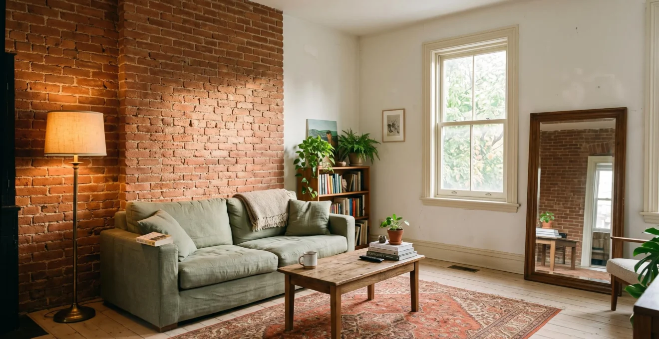 A living room with a red exposed brick feature wall balanced by off-white walls, a pale wooden floor and a large mirror reflecting daylight back into the space.
