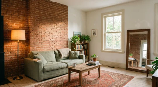 A living room with a red exposed brick feature wall balanced by off-white walls, a pale wooden floor and a large mirror reflecting daylight back into the space.