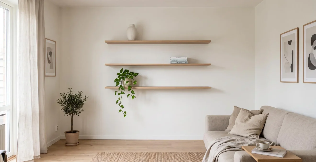 A small living room with thin floating shelves holding a few objects on a pale wall, leaving the floor below completely clear.