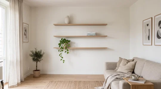 A small living room with thin floating shelves holding a few objects on a pale wall, leaving the floor below completely clear.