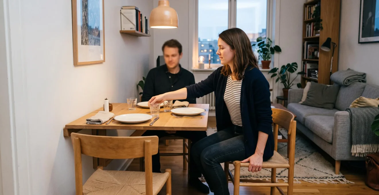 A woman sits down at an unfolded wall-mounted dining table set for two in a small living room with the floor left mostly clear.