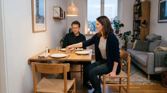 A woman sits down at an unfolded wall-mounted dining table set for two in a small living room with the floor left mostly clear.