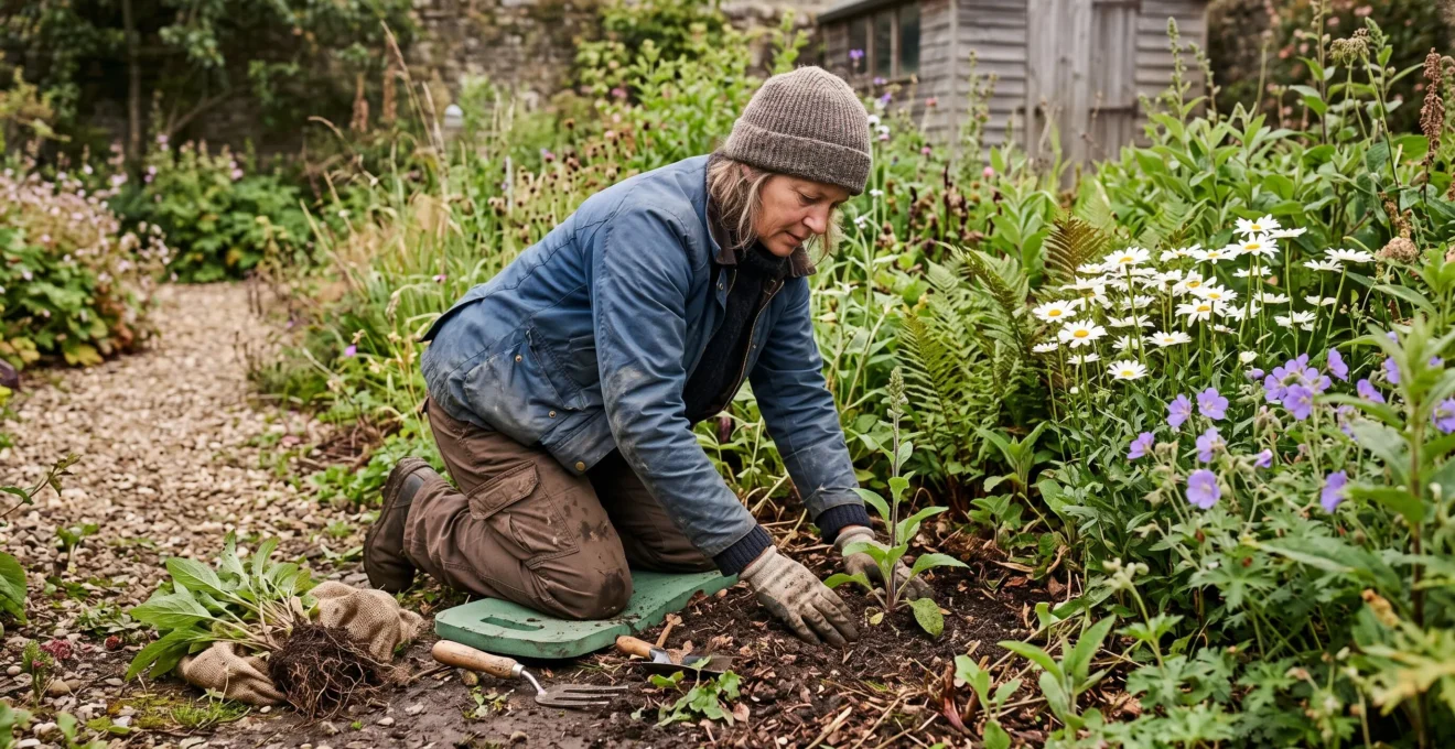 A gardener kneels in a garden border, planting a native foxglove among established oxeye daisies and ferns under soft daylight.