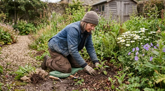 A gardener kneels in a garden border, planting a native foxglove among established oxeye daisies and ferns under soft daylight.