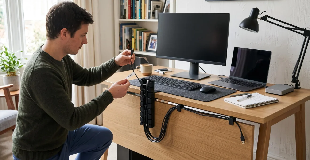 A person routing desk cables into a cable spine behind a home office desk while leaving one charger cable accessible at the front.