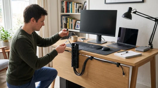 A person routing desk cables into a cable spine behind a home office desk while leaving one charger cable accessible at the front.