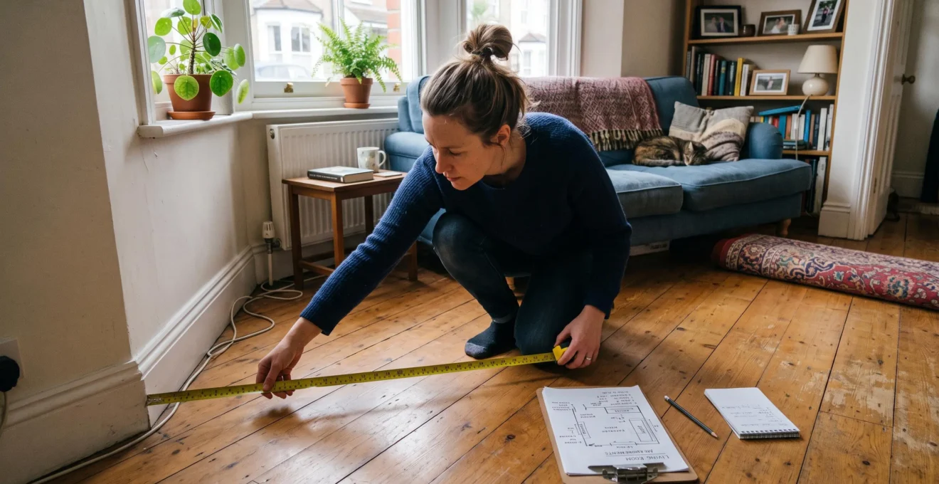 A homeowner kneeling on the floor measuring wall-to-wall distance with a tape measure while drawing a room plan on a clipboard.