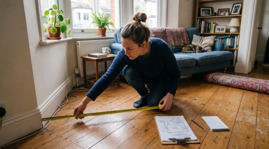 A homeowner kneeling on the floor measuring wall-to-wall distance with a tape measure while drawing a room plan on a clipboard.