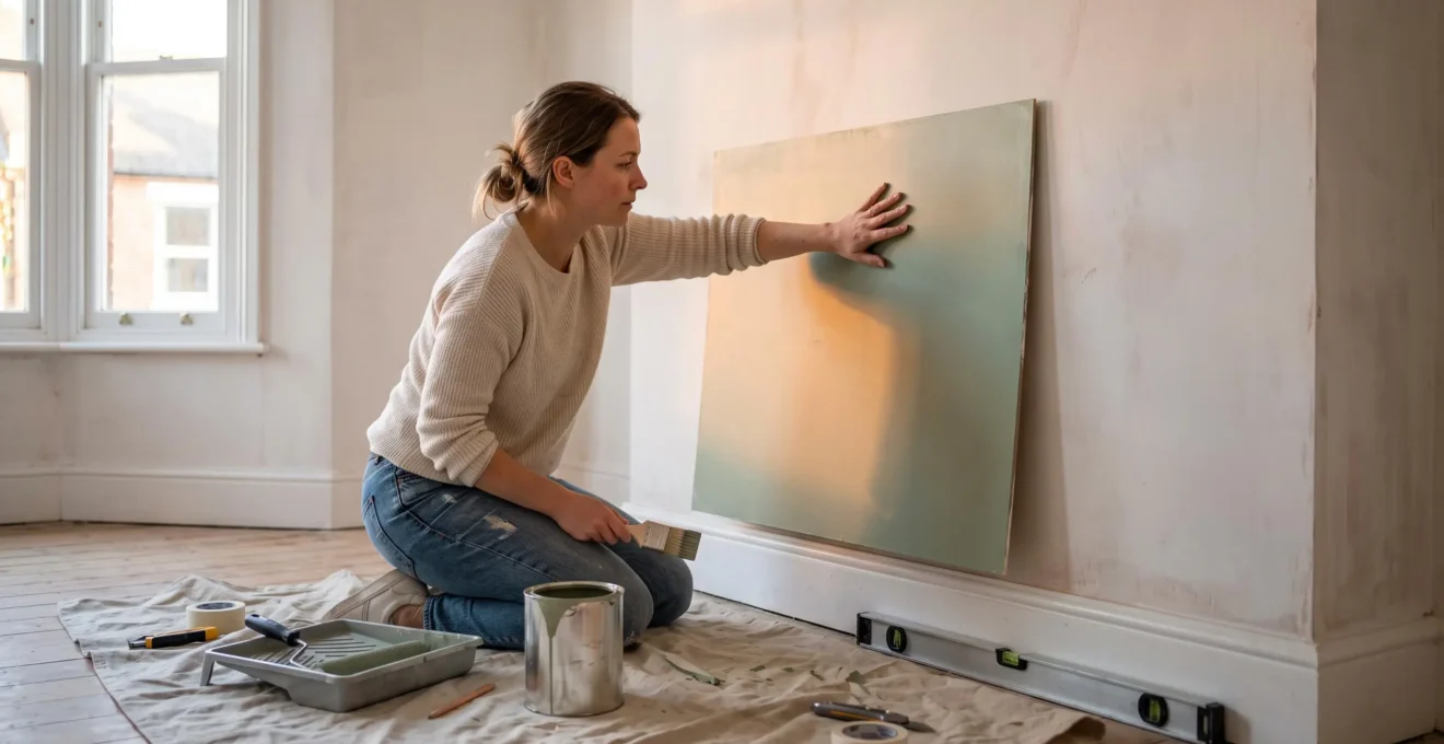 A homeowner holds a large painted sample board against a bare wall near a window, checking how the colour looks in warm late-afternoon daylight.