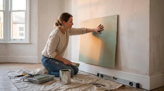 A homeowner holds a large painted sample board against a bare wall near a window, checking how the colour looks in warm late-afternoon daylight.