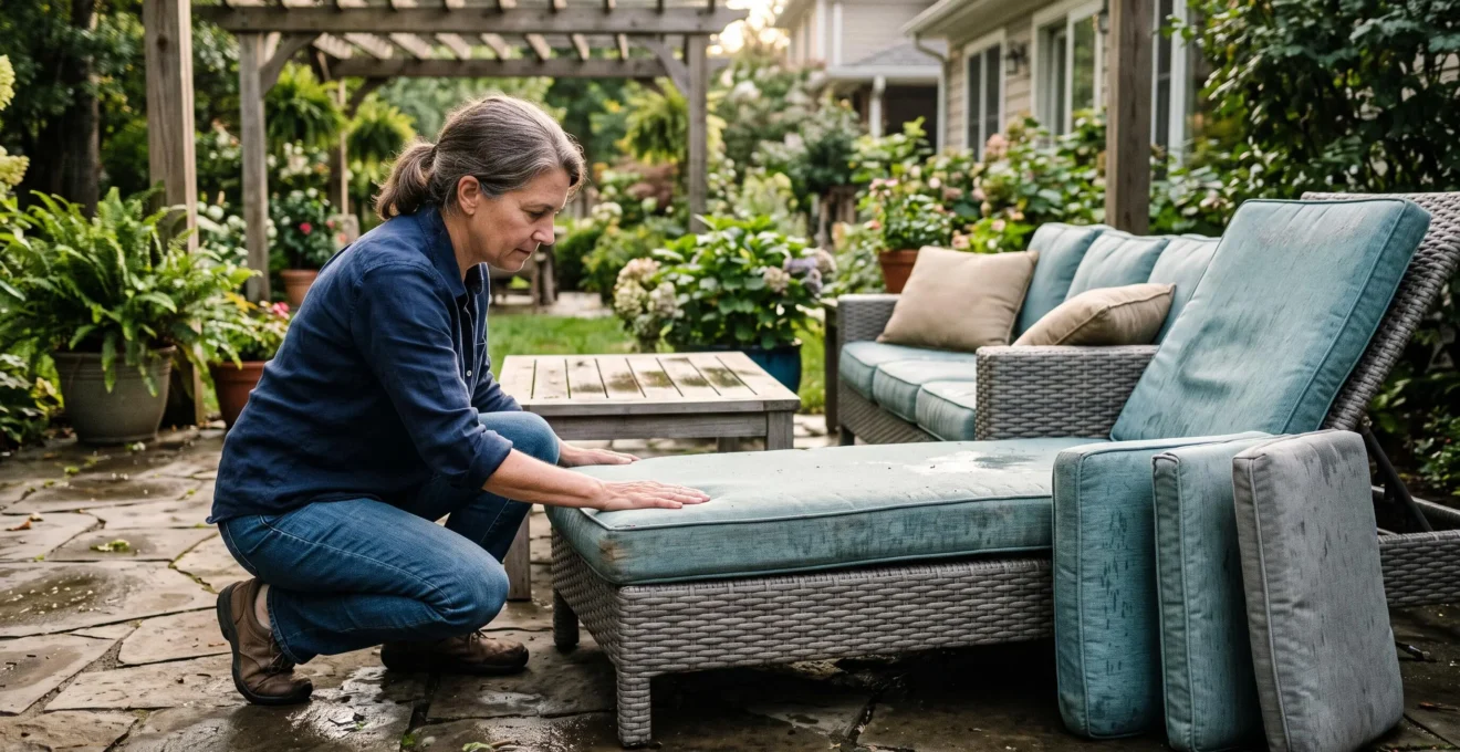 A homeowner kneeling on a patio pressing a hand into an outdoor seat cushion while other cushions dry on edge after rain.