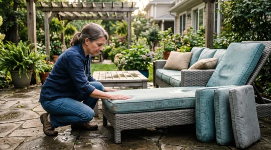 A homeowner kneeling on a patio pressing a hand into an outdoor seat cushion while other cushions dry on edge after rain.