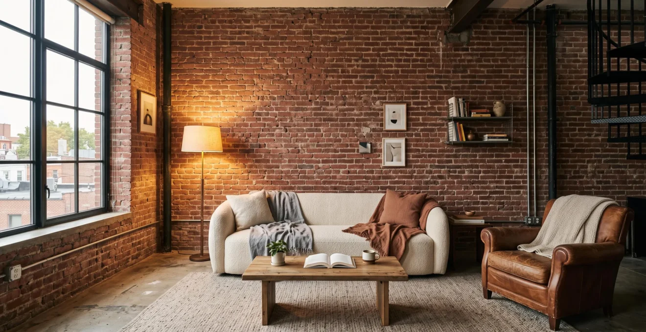 A converted industrial loft living room with an exposed brick wall, concrete floor, wool rug and soft upholstered sofa lit by warm floor lamp light.