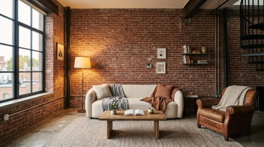 A converted industrial loft living room with an exposed brick wall, concrete floor, wool rug and soft upholstered sofa lit by warm floor lamp light.