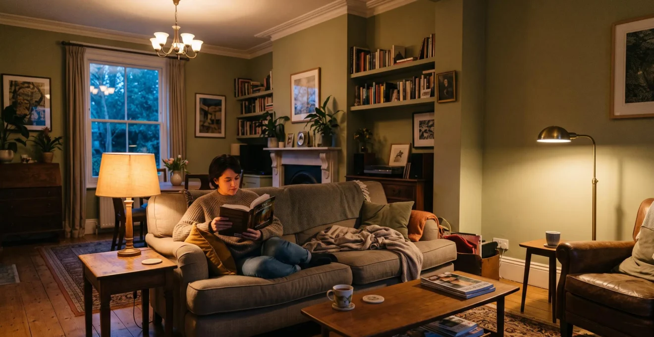 A person reads on a sofa in a living room lit by a dimmed ceiling light, a table lamp and a floor lamp in the evening.