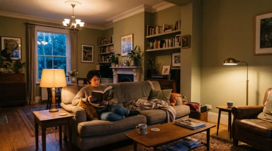 A person reads on a sofa in a living room lit by a dimmed ceiling light, a table lamp and a floor lamp in the evening.