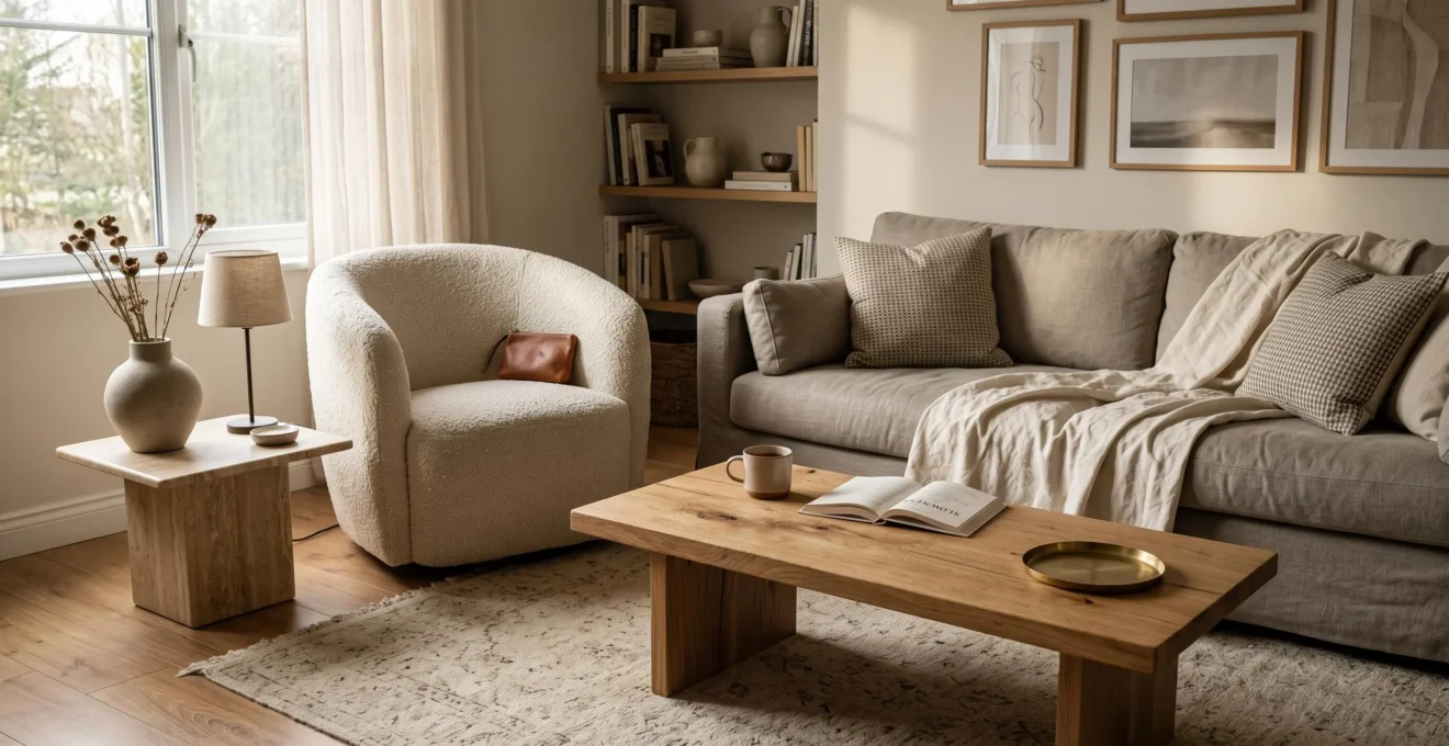 A living room combining wood, bouclé fabric, linen and stone textures arranged in a calm, layered composition with soft side lighting.
