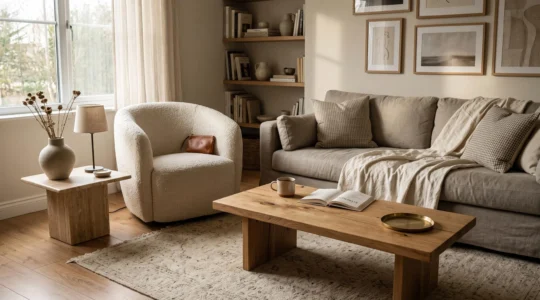 A living room combining wood, bouclé fabric, linen and stone textures arranged in a calm, layered composition with soft side lighting.
