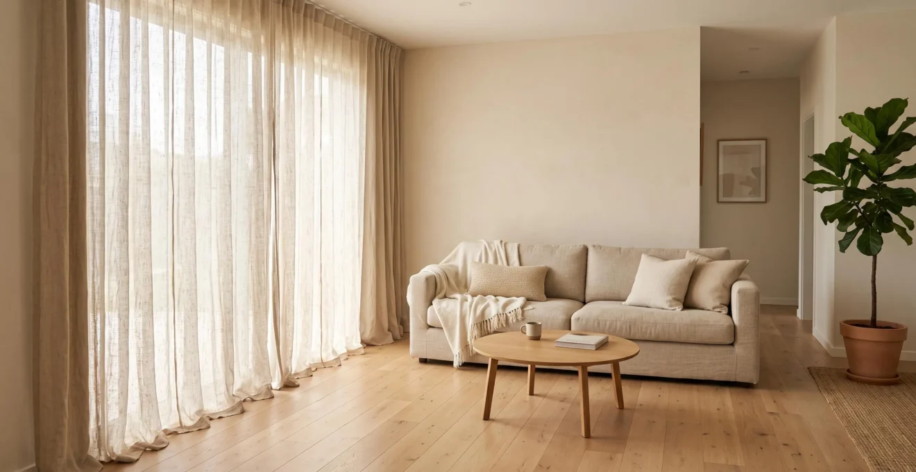 Medium-weight linen draperies diffusing bright morning sunlight into a soft even glow across a living room floor and sofa.