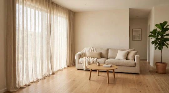 Medium-weight linen draperies diffusing bright morning sunlight into a soft even glow across a living room floor and sofa.