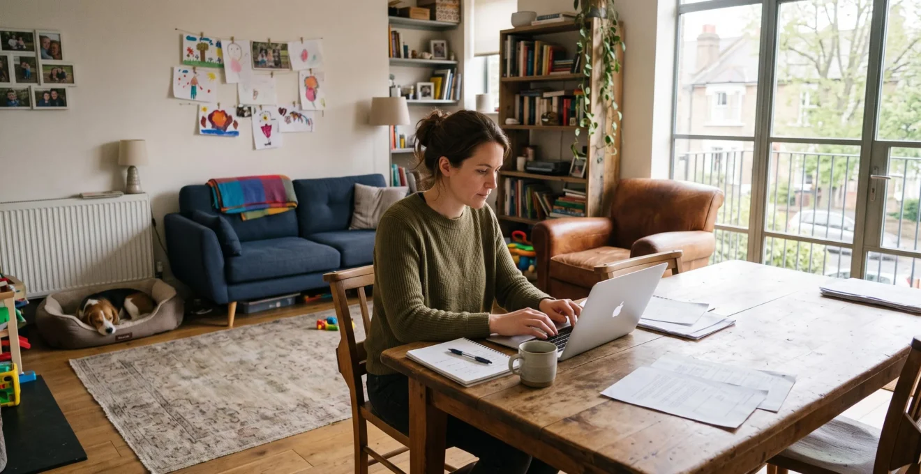 A woman works at a dining table in a lived-in living room mixing a worn armchair, modern sofa and personal objects.
