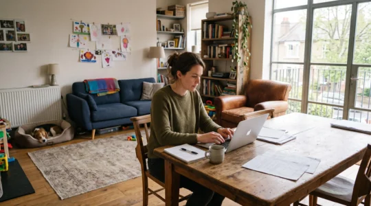 A woman works at a dining table in a lived-in living room mixing a worn armchair, modern sofa and personal objects.