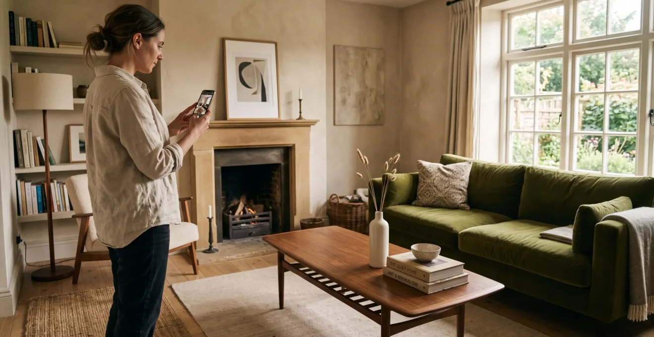 A woman photographs a living room where a coffee table holds a single three-object grouping and most of the surface stays empty.