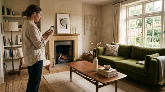 A woman photographs a living room where a coffee table holds a single three-object grouping and most of the surface stays empty.