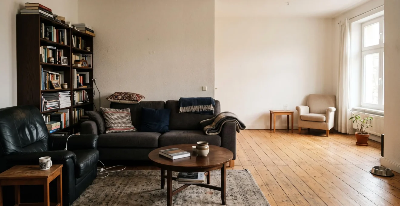 A living room with all the large dark furniture grouped on the left side and a mostly empty right side near the window