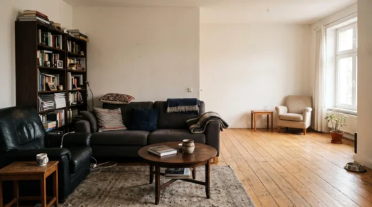 A living room with all the large dark furniture grouped on the left side and a mostly empty right side near the window