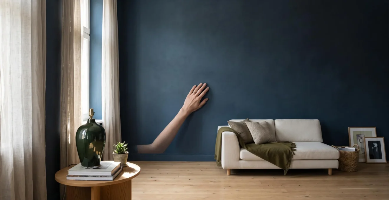 A hand touching a deep matte painted wall while soft daylight reveals the diffused, glare-free texture of the finish.