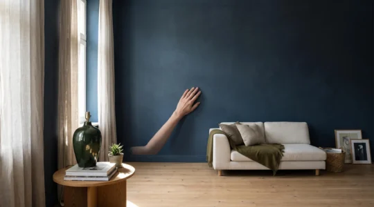 A hand touching a deep matte painted wall while soft daylight reveals the diffused, glare-free texture of the finish.